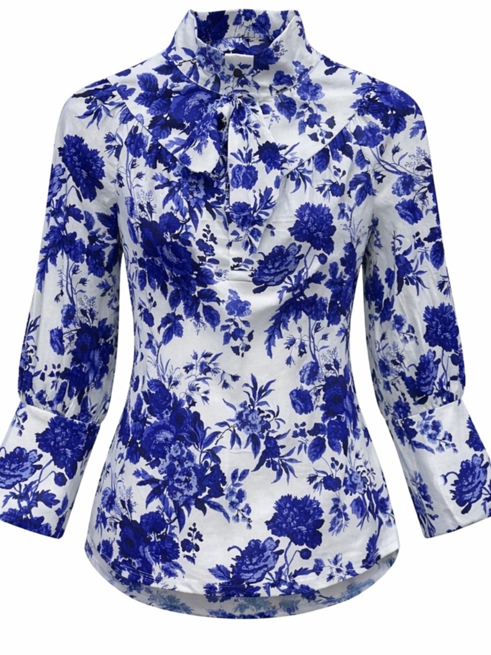 Tuckernuck Corrigan Blouse XS Blue Floral High Collar Office Career Business